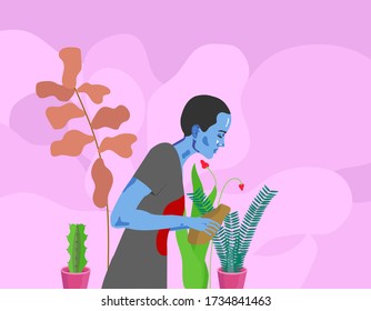 Quarantine, stay at home. The young blue girl attending to the garden. There are a lot of plant around the girl. On the background you can see purple abstraction.