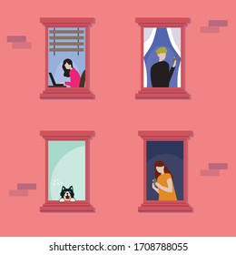 
Quarantine and stay and work from home . People doing different activities at their home, room or apartment, working on laptop screen and incoming call on smartphone screen for meeting online.