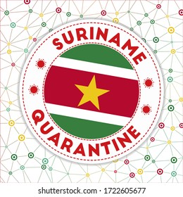 Quarantine in Suriname sign. Round badge with flag of Suriname. Country lockdown emblem with title and virus signs. Vector illustration.