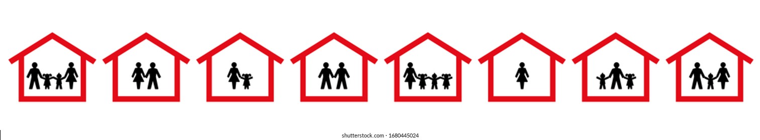 Símbolos de cuarentena de familias, parejas, solteros. Manténgase en los iconos de casa. Protégete, a tu familia, a tus hijos, a tu pareja. Ilustración vectorial aislada en fondo blanco.
