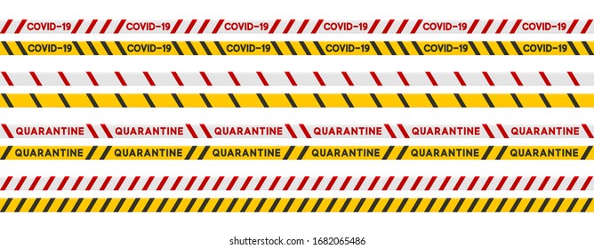 Quarantine tape Covid-19. Set isolated on white background. Warning Stop ribbon Coronavirus danger. vector illustration