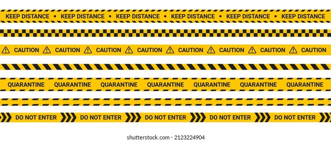 Cinta de cuarentena, mantenga las bandas de advertencia de distancia. Cinta de precaución de advertencia aislada en fondo blanco, cinta amarilla en estilo plano. Área fronteriza de la zona de peligro, señal de bloqueo de código.