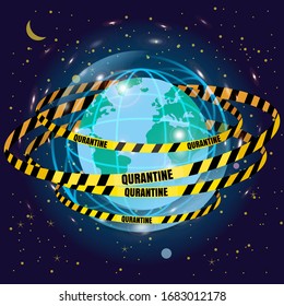 Quarantine tapes strips around planet Earth. Pandemic stop Coronavirus outbreak covid-19 2019-nCoV quarantine. Vector isolated banner poster