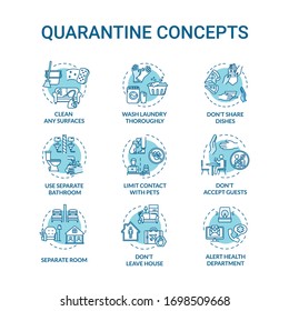 Quarantine turquoise concept icons set. Clean surfaces. Do not accept guests. Self-isolation idea thin line RGB color illustrations. Vector isolated outline drawings. Editable stroke