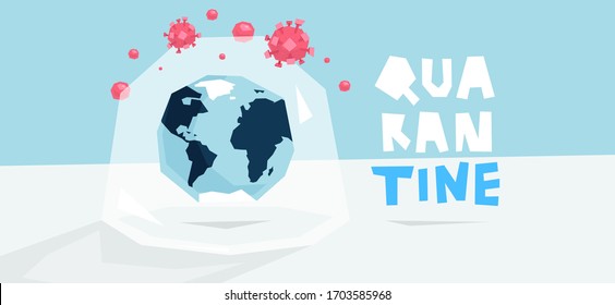 Diseño tipográfico de cuarentena con globo terrestre y células de coronavirus. El concepto de prevención de epidemias de virus en casa. Autoaislamiento para luchar contra el covid-19. Ilustración vectorial Eps10