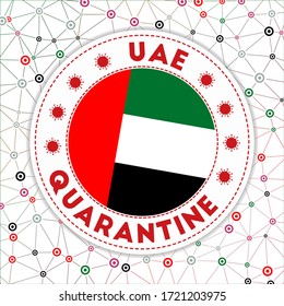 Quarantine in UAE sign. Round badge with flag of UAE. Country lockdown emblem with title and virus signs. Vector illustration.