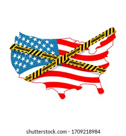 Quarantine in USA. America map is wrapped in yellow warning tape Quarantine. Coronavirus epidemic in world. Outbreak Covid-19 Pandemic. World disaster