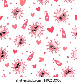 Quarantine Valentines Day seamless pattern. Cute virus wearing protective mask. Covid-19 pandemic concept. Social distancing love vector background for cards, textile, fabric, wrapping paper, etc.