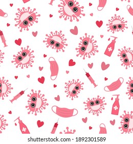 Quarantine Valentines Day seamless pattern. Cute virus wearing protective mask. Covid-19 pandemic concept. Social distance love vector background for cards, fabric, textile, wrapping paper, etc.