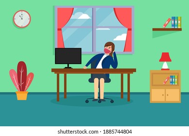 Quarantine vector concept: Businesswoman feeling bored working from home while sitting in front of her computer
