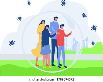 Quarantine vector concept: family group group standing inside big bubble protecting them from the coronavirus