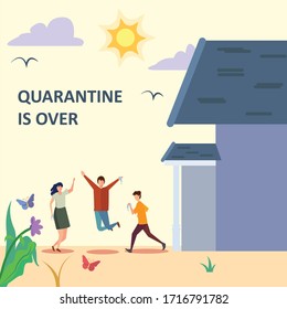 Quarantine vector concept: Happy children playing outside the house after Covid-19 pandemic is over