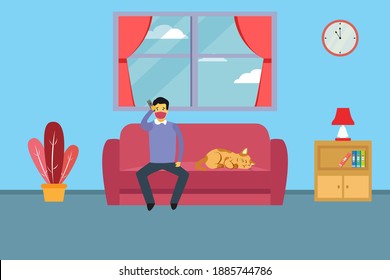 Quarantine vector concept: Young man feeling bored for quarantine at home while wearing face mask