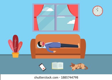 Quarantine vector concept: Young man lying on the sofa with face mask while feeling bored doing quarantine at home