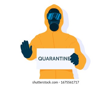 Quarantine vector illustration. Man in yellow protective hazard suit and mask with a quarantine sign isolated on white background. Coronavirus epidemic. Cartoon flat style.