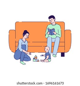 Quarantine vector illustration. Stay at home. Mother play with child, father reading book. Global viral epidemic or pandemic. Isolated cartoon character on a white background.