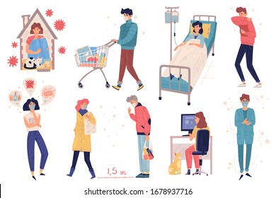 Quarantine virus people set. In a cartoon modern style. Compliance with security measures. Home self-isolation. Vector