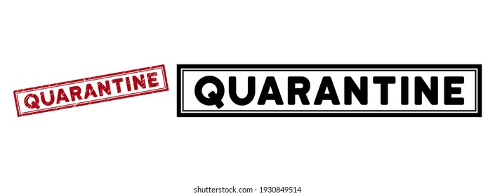 Quarantine watermark. Red vector rectangle grunge stamp with Quarantine caption, inside double rectangle frame. Useful for rubber imitations with unclean rubber texture.