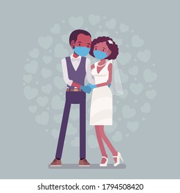 Quarantine wedding ceremony, black groom, bride in protective mask, gloves. Newlyweds, man, woman in traditional wear, married couple during epidemic outbreak. Vector flat style cartoon illustration