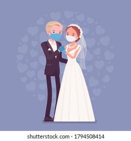 Quarantine wedding ceremony, groom, bride in protective mask, gloves. Newlyweds, man, woman in traditional wear, married couple, party during epidemic outbreak. Vector flat style cartoon illustration