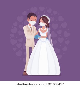 Quarantine wedding ceremony, groom and bride in protective mask, gloves. Newlyweds, man, woman in traditional wear, married couple during epidemic outbreak. Vector flat style cartoon illustration