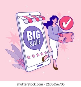 Quarantine. Woman shopping online. Supermarket. Order food online. App on mobile phone. Buy at Home. Fresh Groceries. Food Delivery. Ecommerce concept. Vector outline illustration.