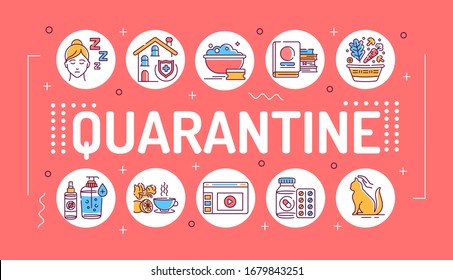 Quarantine word lettering typography. Stay at home. Isolation, period. Infographics with linear icons on red background. Isolated outline color illustration