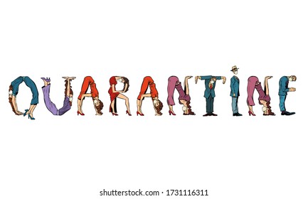 Quarantine word Office alphabet. People as letters. Pop art retro vector illustration 50s 60s style