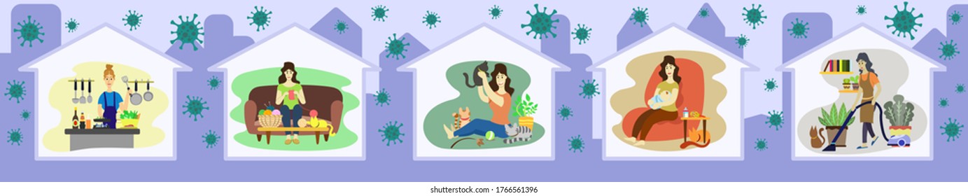 Quarantine, Work from home or stay at home - Activities when Home Quarantine,  cooking, clean house, babysit, raise animals, knit koche, knit.