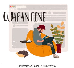 Quarantine and workflow at home due to coronavirus. Freelancer guy working at home with pets and plants. Social distancing and self-isolation during covid-19 virus quarantine. Vector illustration