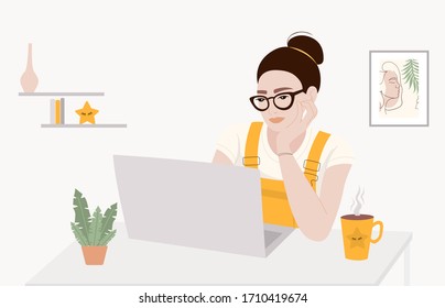 Quarantine, Working at home concept illustration. Young woman freelancers working on laptops at home. Stay home on quarantine time during the Coronavirus epidemic.