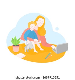 Quarantine working place vector. Cartoon Mother freelancer with toddler. Stay at home. Mom office. Business woman works on a laptop with her baby. Online Education service for Self-isolation