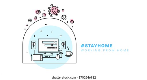 Quarantine workplace. Safe remote working from home concept. Online education and communication service. Work outside of a traditional office environment with network technologies. Eps10 vector