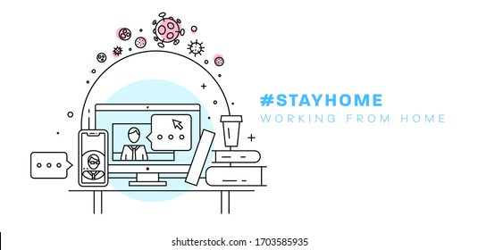 Quarantine Workplace. Safe Remote Working From Home Concept. Online Education And Communication Service. Work Outside Of A Traditional Office Environment With Network Technologies. Eps10 Vector