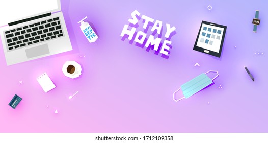 Quarantine workplace. Safe remote working from home concept. Online education and communication service. Work outside of a traditional office environment with network technologies. Eps10 vector