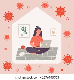 Quarantine. Young woman works at home. Isolation in  home, pandemic of coronavirus.
