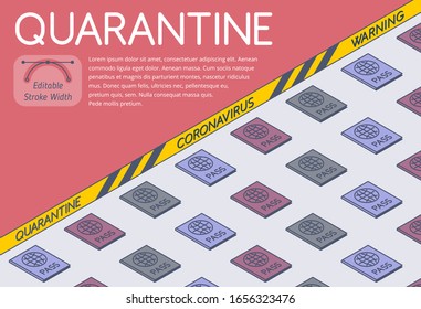 The quarantine zone, coronavirus covid-19, flight cancellations, yellow tape barrier in quarantine area. Epidemic of novel virus 2019-ncov.