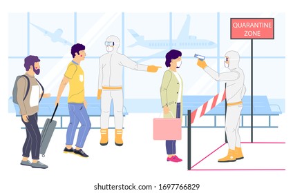 Zona de cuarentena, área infectada, ilustración plana vectorial. Restricciones de viaje Coronavirus COVID-19 y medidas de control de salud para viajeros. Prevención de enfermedades respiratorias del coronavirus.