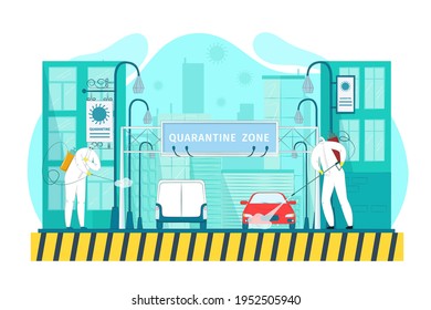 Quarantine zone with infection, stop warning tape, vector illustration. People character in medical protection suit, mask use spray