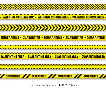 Quarantine zone warning tape. Novel coronavirus outbreak. Global lockdown. Coronavirus danger stripe. Police attention line. Vector illustration.