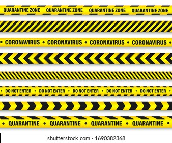 Quarantine zone warning tape. Novel coronavirus outbreak. Global lockdown. Coronavirus danger stripe. Police attention line. Vector illustration.