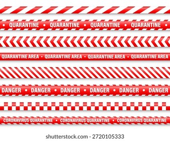 Quarantine zone warning tape. Novel coronavirus outbreak. Global lockdown. Red coronavirus danger stripe. Police caution line, restricted area. Construction tape. Vector illustration