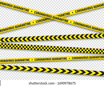 Quarantine zone yellow warning tape set. Novel coronavirus outbreak. Global lockdown. Coronavirus danger stripe. Police attention line. Vector illustration.