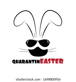 QuarantinEaster text with bunny in mask. Corona virus - staying at home print. Home Quarantine illustration. Vector.