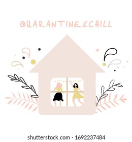 Quarantine&chill. Stay home concept - two women dance at home for covid-19 quarantine isolation - dancing, listening to music in living room, flat cartoon girl isolated on white - vector illustration