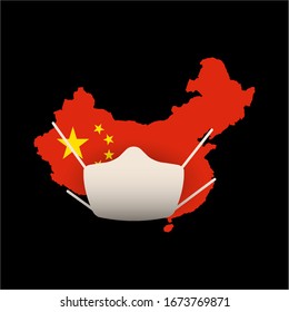 Quarantined China, China on quarantine concept. China map in national flag colors, a white medical mask is worn. Vector illustration.