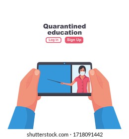 Quarantined education. The guy holds a tablet in his hands. The teacher in the lesson near the blackboard. Vector illustration flat design. Isolated on white background. Landing page  e-learning home.