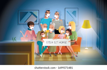 Quarantined Family Stay at Home During Pandemic. Three Generations Family Talking and Spending Together while Sitting on Coach in Living Room. Large Happy Family Gathered Together at Home in Evening