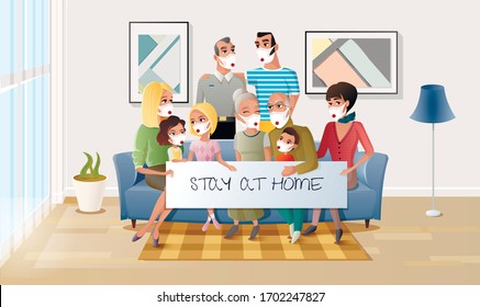 Quarantined Family Stay at Home During Pandemic. Happy Senior Couple Gathering Together with their Adult Children, Grandchildren and Great-Grandchildren in Living Room. Four Generation United Family