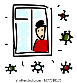 Quarantined Man. Cartoon character is looking out the window. A person defending from pandemic coronavirus. Covid-19 Quarantine 2020. Doodle sign of coronavirus. Stay at home vector stock illustration